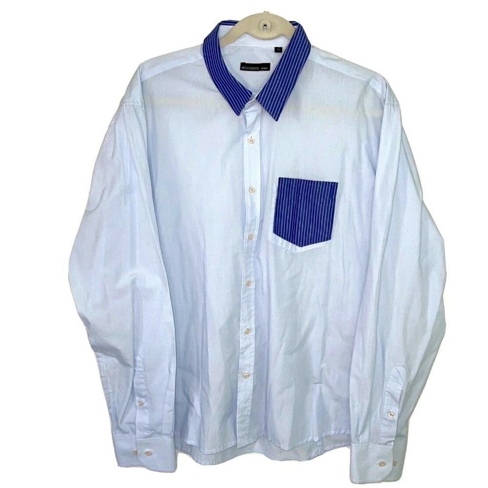 Oleg Cassini Skinny Shirt XL Mens Vintage Cotton Blue Pink Striped Pocket Collar